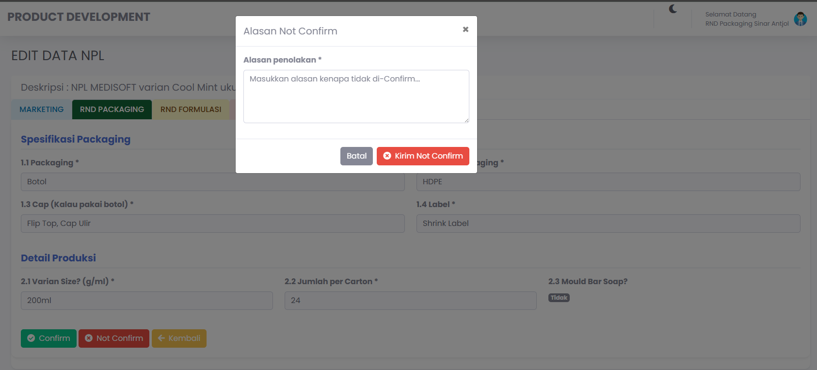 Tab R&D dengan tombol Confirm
